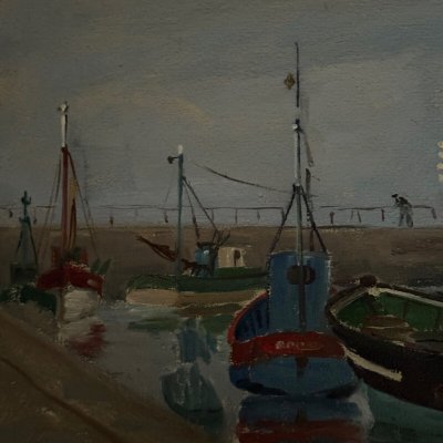 Huile sur carton XXe par Florent Sichet chalutiers bateaux de pêche