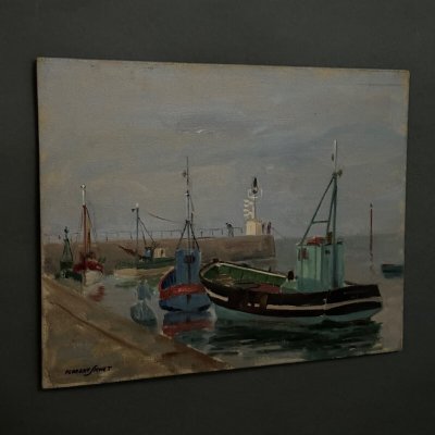 Oil on cardboard 20th century by Florent Sichet trawlers fishing boats