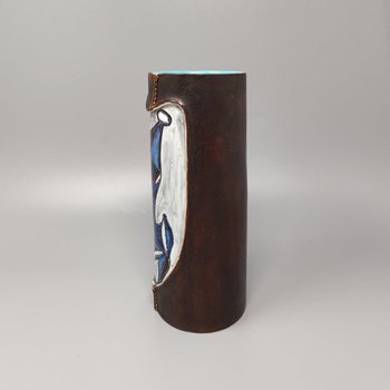 1950 Magnificent Ceramic Vase Marcello Fantoni Wrapped in Leather. Made in Italy