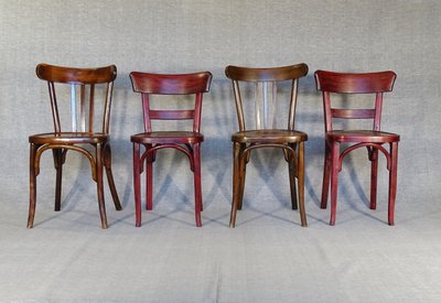 Set of 4 Baumann bistro chairs - 1930 - wooden seat, no Fischel, no Thonet