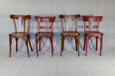 Set of 4 Baumann bistro chairs - 1930 - wooden seat, no Fischel, no Thonet