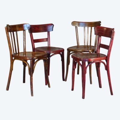 Set of 4 Baumann bistro chairs - 1930 - wooden seat, no Fischel, no Thonet