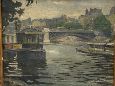 Oil on canvas Paris barges by Louis P. Szanto 1900