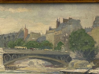 Huile sur toile Paris péniches par Louis P. Szanto 1900