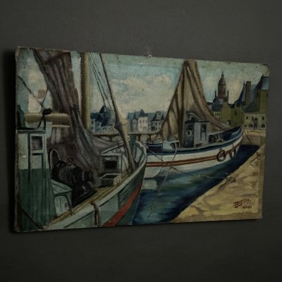 Huile sur toile bateaux de pêche à quai 1956