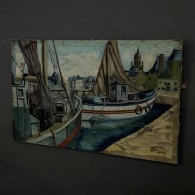 Huile sur toile bateaux de pêche à quai 1956