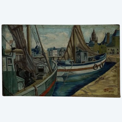 Huile sur toile bateaux de pêche à quai 1956