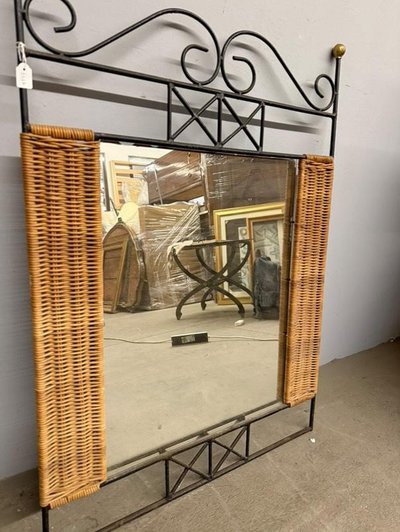 Miroir en fer forgé et osier, vintage, années 60, dimensions 88x63 cm, antiquités modernes