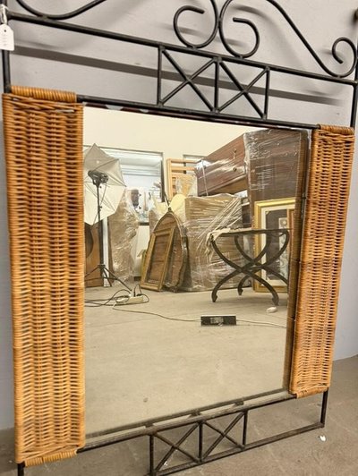 Miroir en fer forgé et osier, vintage, années 60, dimensions 88x63 cm, antiquités modernes