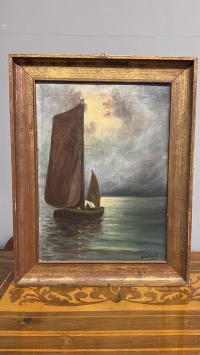 Old oil painting. Marina 1930, signed Cetorelli, size 47x37 cm