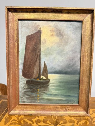 Old oil painting. Marina 1930, signed Cetorelli, size 47x37 cm