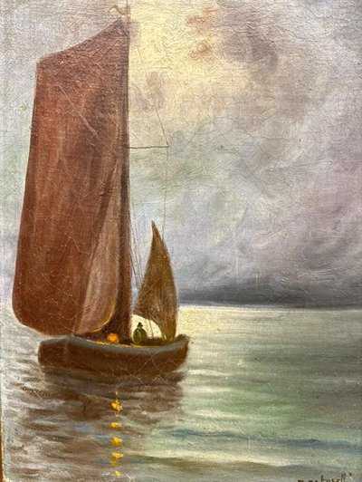 Old oil painting. Marina 1930, signed Cetorelli, size 47x37 cm