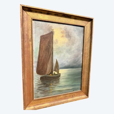 Ancienne peinture à l'huile. Marina 1930, signé Cetorelli, format 47x37 cm