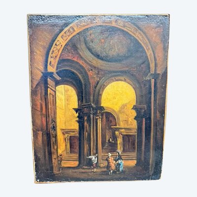 Peinture à l'huile sur panneau ancienne, architecture intérieure, 1850. Superbe qualité, 28 x 22 cm.