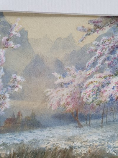 Aquarelle de cerisiers en fleurs d'après E. M. B. Warren