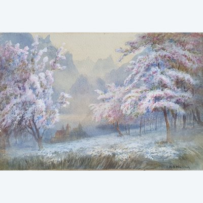 Aquarelle de cerisiers en fleurs d'après E. M. B. Warren