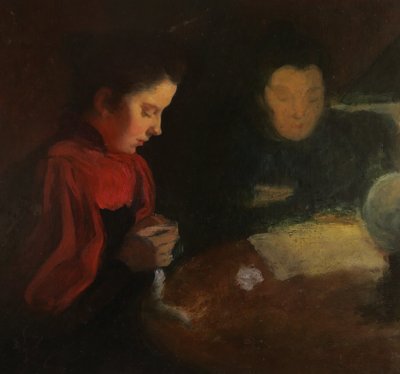 French School, Late 19th Century Two Women Reading And Sewing By Lamplight