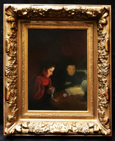 French School, Late 19th Century Two Women Reading And Sewing By Lamplight