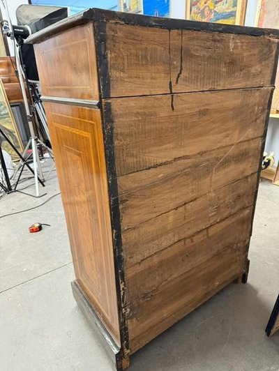 Antique chest of drawers with 4 drawers from the 1900s in inlaid walnut, size 111x73x43