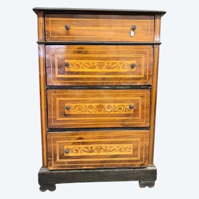 Antique chest of drawers with 4 drawers from the 1900s in inlaid walnut, size 111x73x43