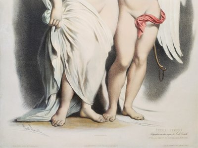 Cupid And Psyche After Achille Devéria Watercolored  Lithograph By Emile Lassalle Old Print 19th c