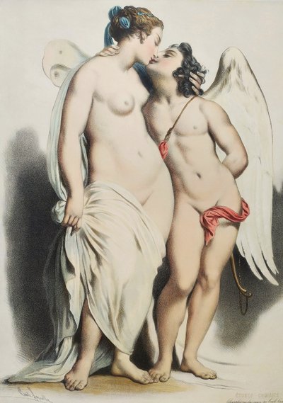 Amore e Psiche da Achille Devéria Antica litografia acquerellata da Emile Lassalle XIX secolo