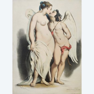 Cupid And Psyche After Achille Devéria Watercolored  Lithograph By Emile Lassalle Old Print 19th c