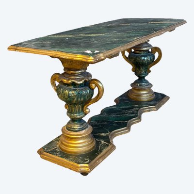 Table basse ancienne peinte et dorée du XIXe siècle