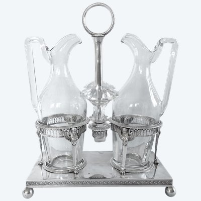 Oil and vinegar cruet with sphinxes in solid silver, hallmark 1st Coq, Consulat Empire period