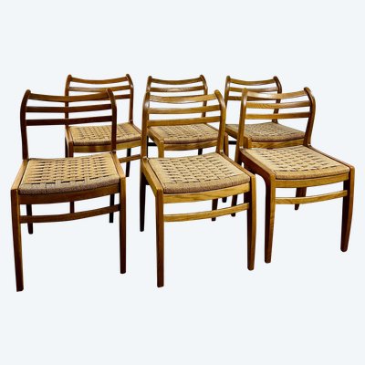 Danish chairs (set of 6) in blond teak and rope 1970's