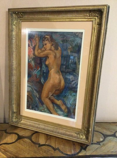 '' FEMME NUE AGENOUILLÉE'' , Huile Sur Toile De Pierre Creixams, Peintre ESPAGNOL