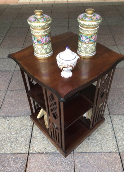 A revolving mahogany bookcase.