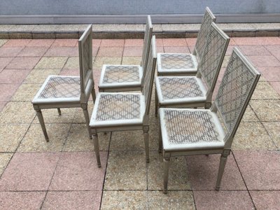 Set of six Louis XVI caned chairs in rechampi wood.