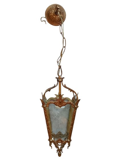 Ancienne suspension lanterne bronze et verre 