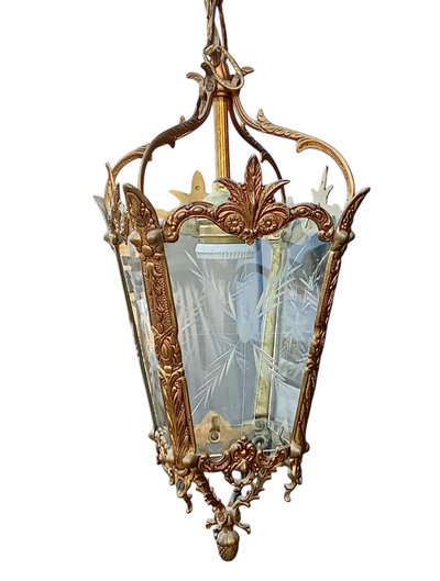 Ancienne suspension lanterne bronze et verre 