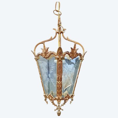 Ancienne suspension lanterne bronze et verre 