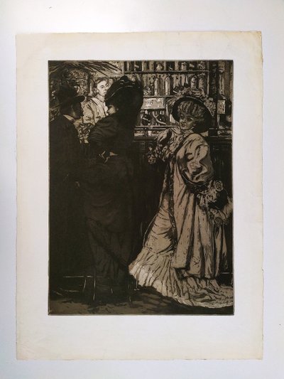 Parisian Lady At The Bar Art Nouveau Engraving  Etching Circa 1900 Old Print