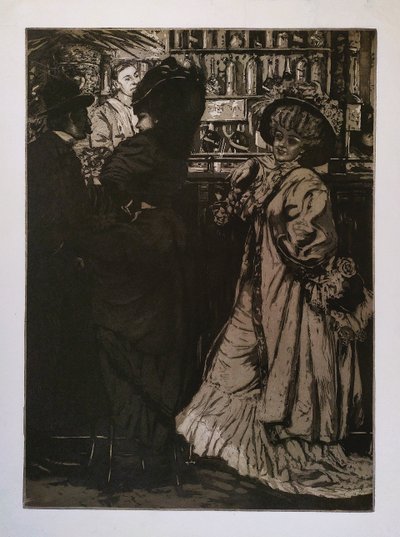 Parisian Lady At The Bar Art Nouveau Engraving  Etching Circa 1900 Old Print