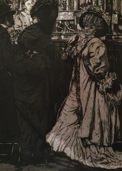 Pariser Frauen an der Bar, antike Jugendstil-Gravur, um 1900