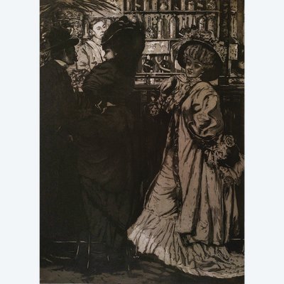 Les Parisiennes  Au Bar Gravure Ancienne  Art Nouveau Vers 1900