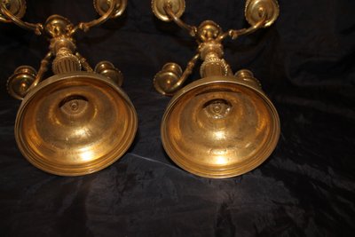 Paire de chandeliers candélabres en bronze à 5 bras de lumière de style Louis XVI époque 19ème