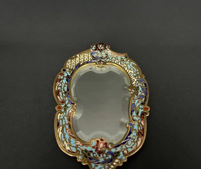 Cloisonné enamel hand mirror with beveled glass. Circa 1900