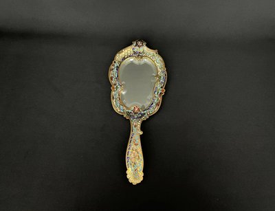 Cloisonné enamel hand mirror with beveled glass. Circa 1900