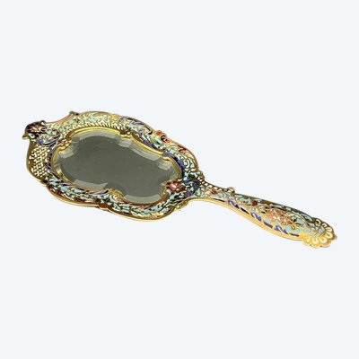 Miroir à Main En émaux Cloisonnés, Glace Biseautée. Circa 1900