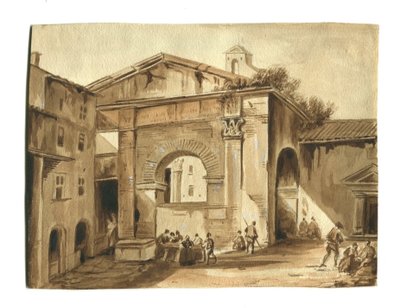 Der Portikus der Octavia in Rom - Italien ca. 1840 Original antike Tuschezeichnung