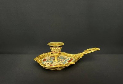 Candlestick in gilt bronze and champlevé enamel, 19th century