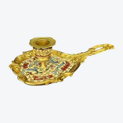 Candlestick in gilt bronze and champlevé enamel, 19th century