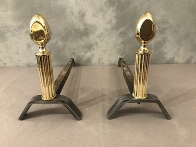 Pair of modernist iron and brass andirons circa 1970