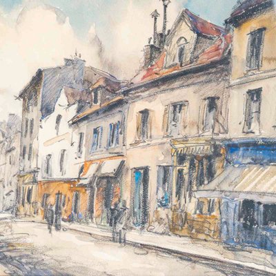 Frank Will (1900-1951) Belebte Straße, Aquarell eines Dorfes in der Normandie, circa 1925-1930