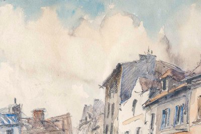 Frank Will (1900-1951) Belebte Straße, Aquarell eines Dorfes in der Normandie, circa 1925-1930